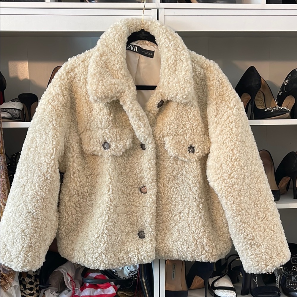 Zara Cream Teddy Jacket with Cozy Fuzzy Texture